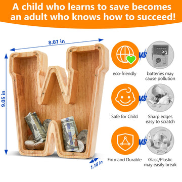 Wooden Letter Piggy Bank for Kids  Initial Coin Bank for Boys and Girls  First Name Personalized Savings Bank for Birthday Boys Girls Gift Piggy Bank for Kids (Wood  S9-W)