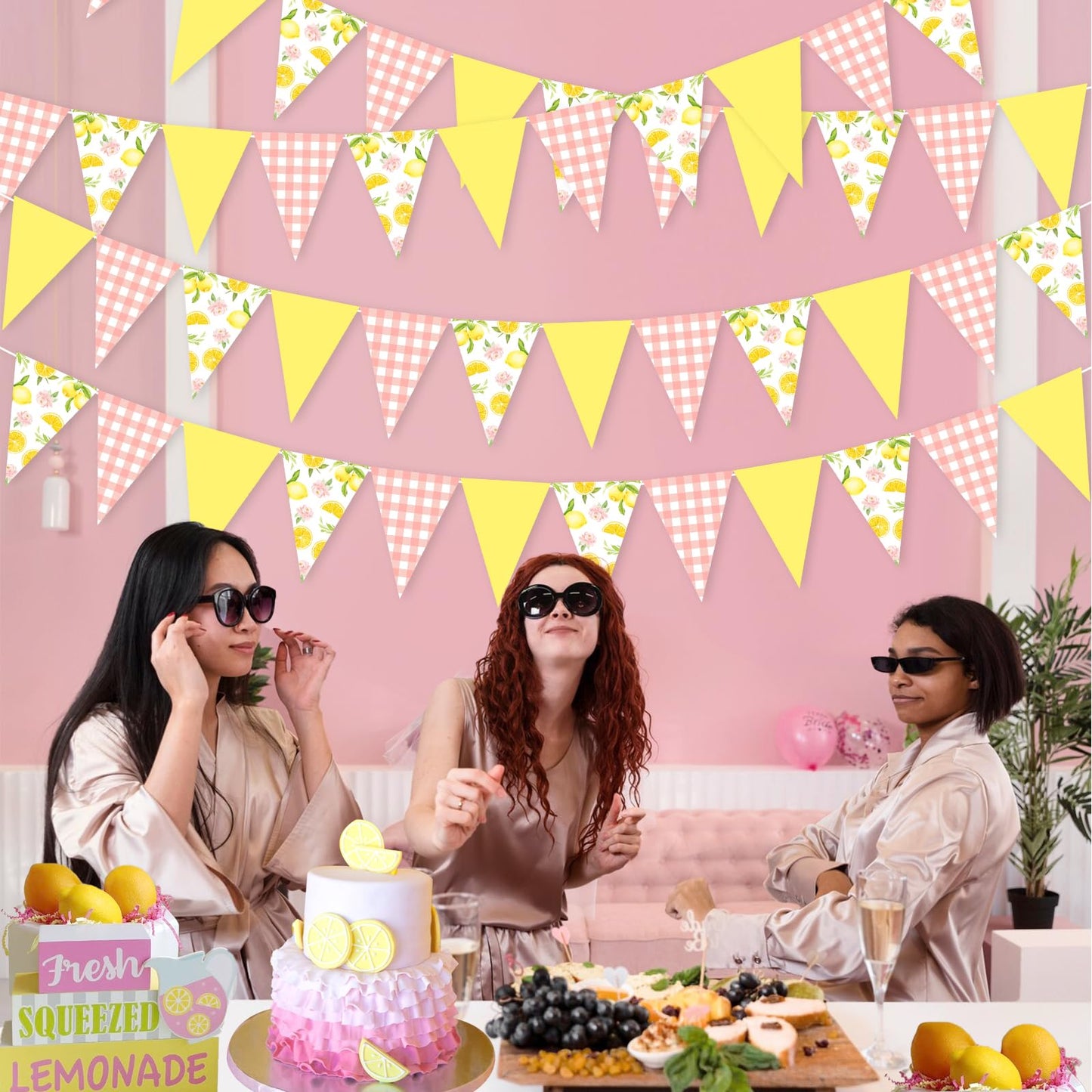 Lemon Party Decorations - 3PCS Lemon Bunting Banners, Pink and Yellow Lemon Triangle Banner Garland for Lemonade Wedding Engagem