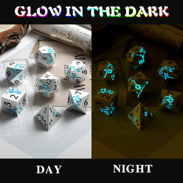 Glow in The Dark Flower Metal Dice, DNDND 7 PCS Blue Metallic D&D Dice Set with Grogeous Gift Case for Dungeons and Dragon Table