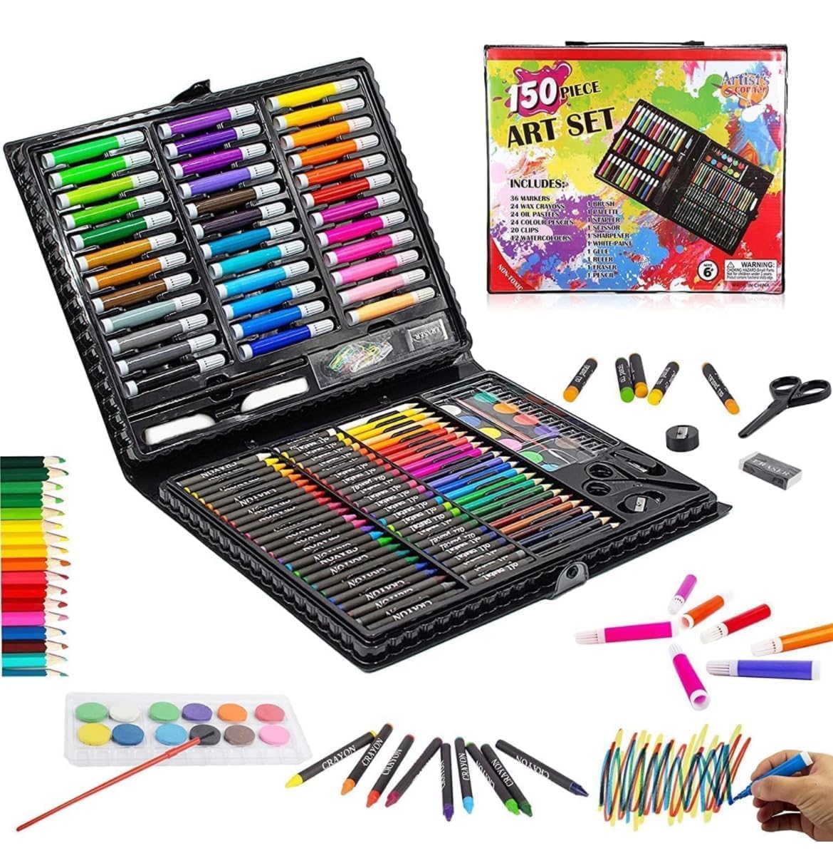 Dorvix 150Piece Art Set For Kids With Carry Case, Complete Drawing & Painting Kit With Markers, Watercolours, Colour Pencils, C