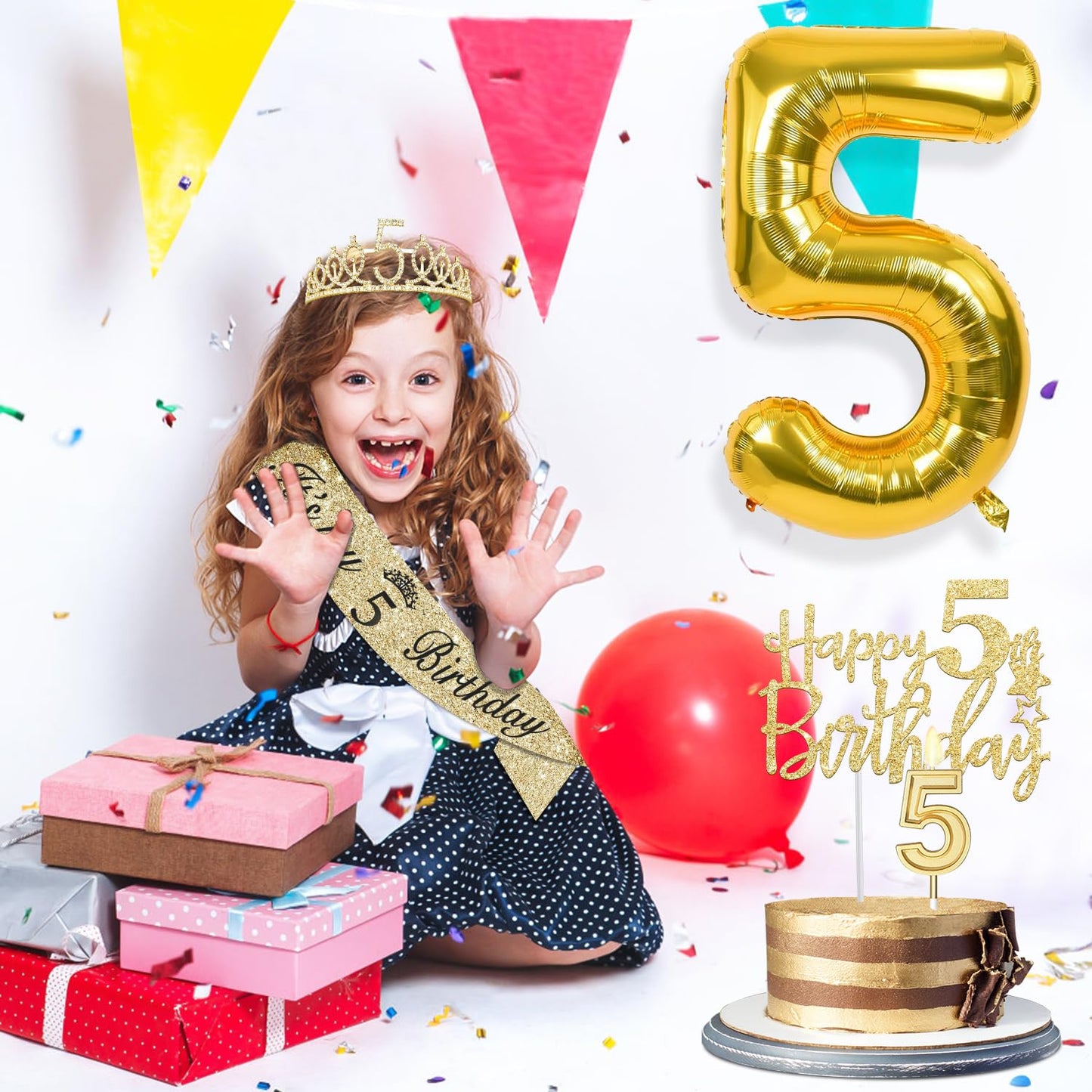 5th Birthday Decorations for Girls, Including 5th Birthday Sash and Tiara, 5 Candles and Cake Toppers, Number 5 Balloon Gold, 5t
