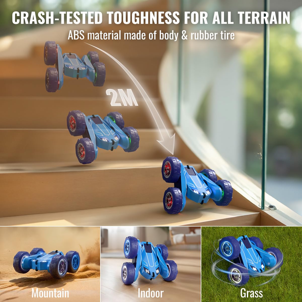 MaxTronic Remote Control Car - Rechargeable Stunt Crawler, 20km/h, 6.1"x6.1"x2.75", Blue, Model 989-81, LED
