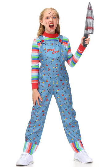 Besserbay Halloween Girls Blue Scary Jumpsuit Horror Killer Doll Front Pocket Clothes Overalls With Striped Shirt 4 Years