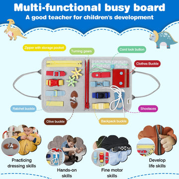 Jhkim Busy Board Montessori Toys For Aged 1 2 3 4 Boy & Girl Birthday Gifts, Autism Sensory Travel Toys For Toddlers, Educational Activity Sensory Board Preschool Learning Fine Motor Skills Toys, Gray
