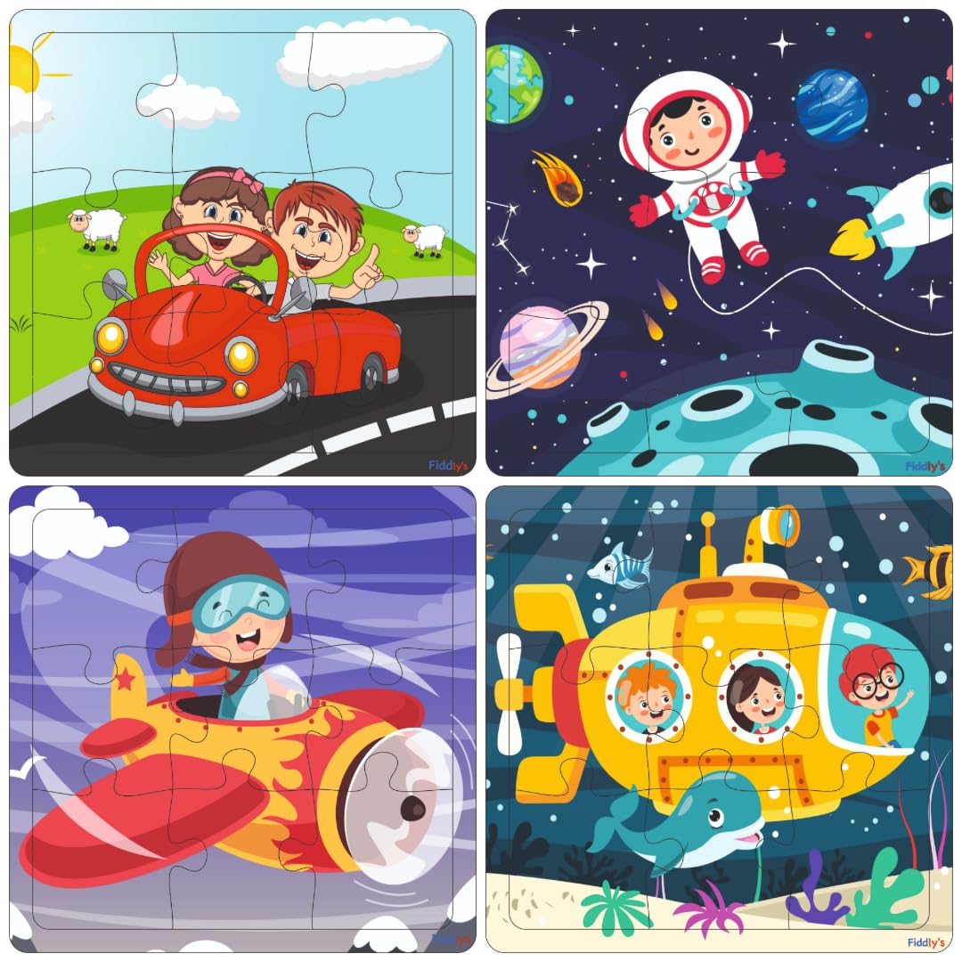 Fiddlys Wood Jigsaw Puzzles for Kids & Children -9 Pieces Age 3+ (Travel Pack of 4)