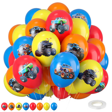 Monster Truck Balloons, 12 Inch Red Yellow Blue Orange Balloons Colorful Truck Theme Printed Latex Balloon Bouquet For Kids Boys