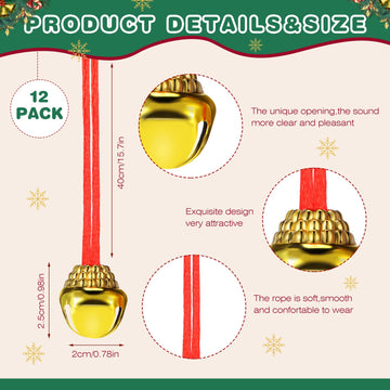 12 Pieces Christmas Bell Necklaces Large Gold Red Green Christmas Bell Necklaces for Craft Holiday Party Supplies (Cute Colors)
