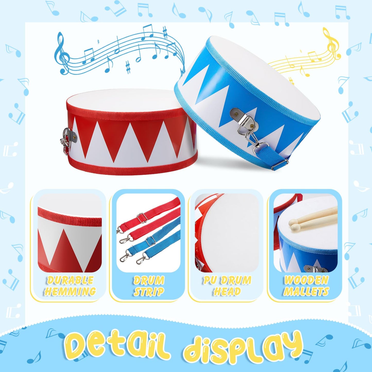 Boao 2 Pack Drum Set For Kids Toddler Age 1-12, Wooden Drum 8'' W X 3.7'' H With Adjustable Strap And 4 Drumsticks, Educational