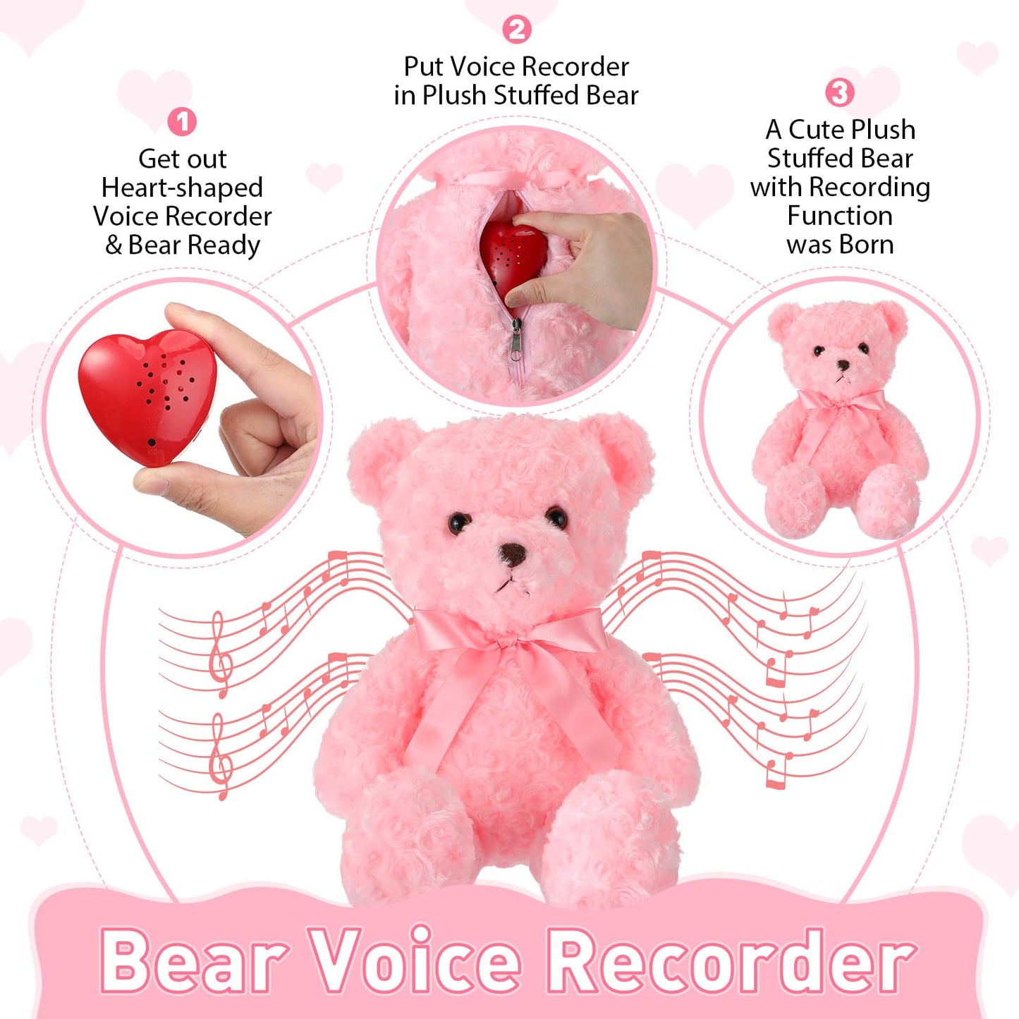 Hungdao Bear Stuffed Animals With Voice Recorder Set, 60 Seconds Voice Sound Recorder Module 16 Inch Soft Plush Bear Cute Stuffed Bear With Zipper Sound Box Recordable Heart For Boys Girls (Pink)
