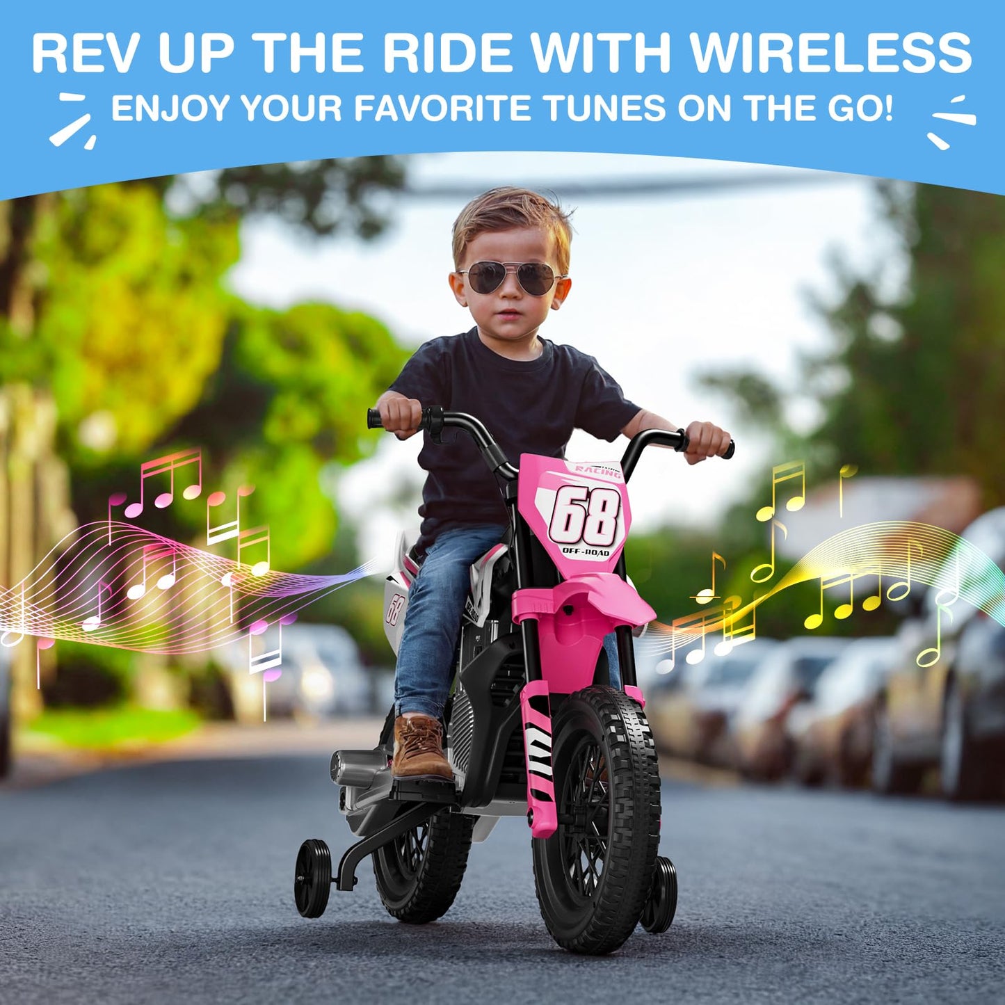 Joystroll S6 12V Kids Motorcycle, 2X25W Ride On Motorbike, Equipped With Wireless Connection, Training Wheels, Self-Control Thro