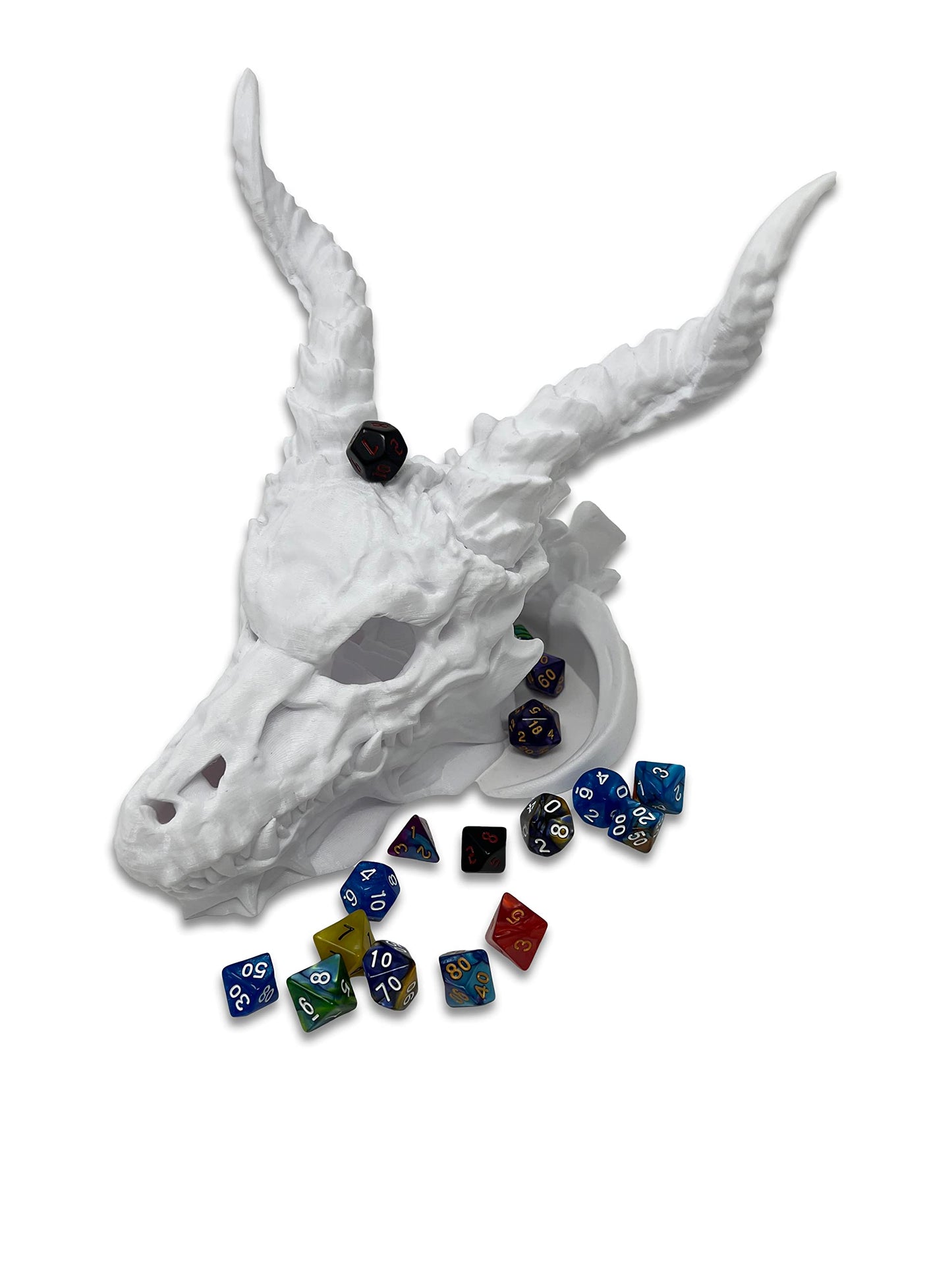 Munnygrubbers - Dragon Skull - (Random 7Pcs D20 Dice Set Included) - No Paint Odorless Plastic - Tabletop Roleplaying Game - Dice Roller - Dungeons And Dragons - Dnd - D&D - (White)
