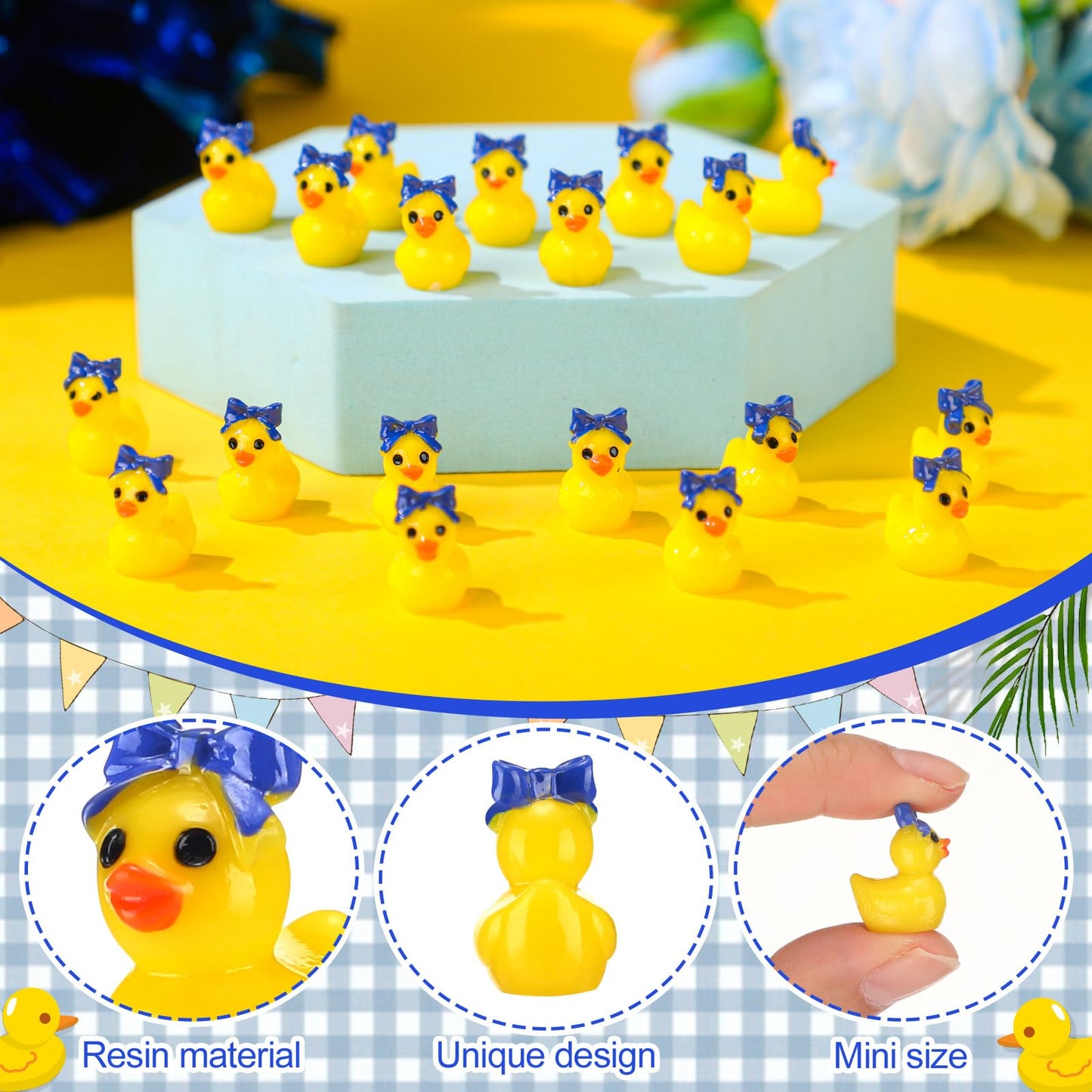 Weysat Mini Cheer Resin Ducks - 60 Pcs Blue Bow Figurine, 0.79" Decorative Centerpieces for Cheerleader Gifts, Yellow/Blue