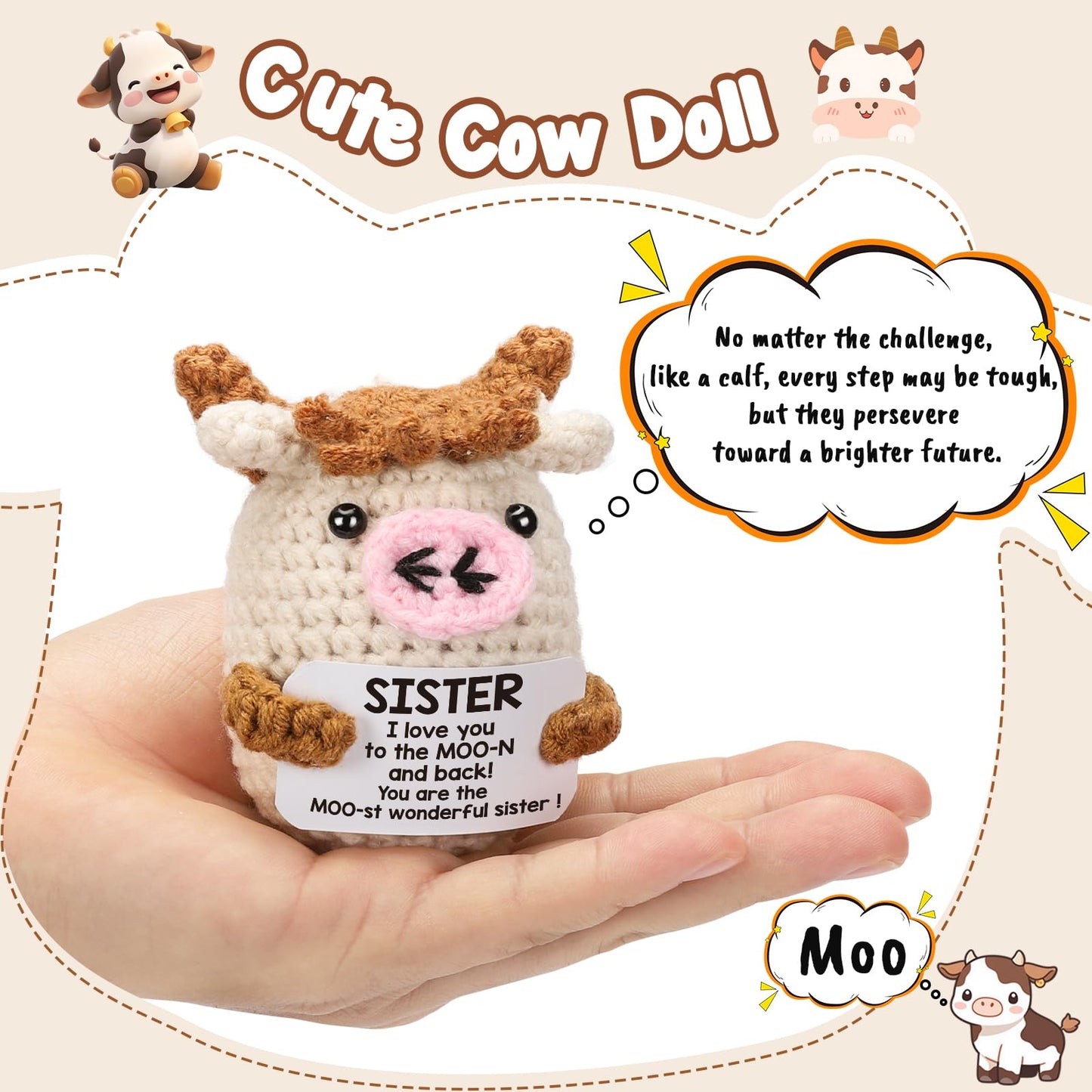 YUEYUQIU Funny Handmade Crochet Cow Gifts for Sister - Sister L Love You to The Moon and Back  Cute Small Cow Gifts for mature-themed Sister Big Little Sister from Sister Birthday Christmas Stocking Stuffers
