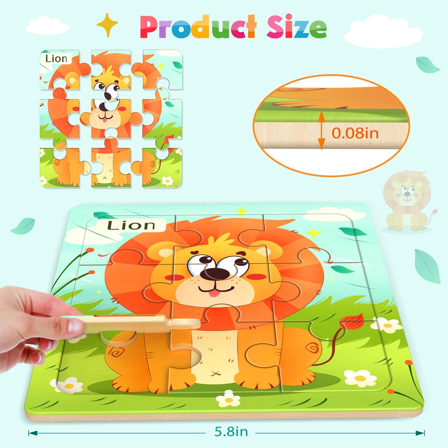 Zeoddler Wooden Puzzles For Toddlers, 8 Pack Animal Jigsaw Puzzles For Kids3-5, 9 Pieces Preschool Learning Activities, Learning & Educational Toys, Gift For Boys, Girls
