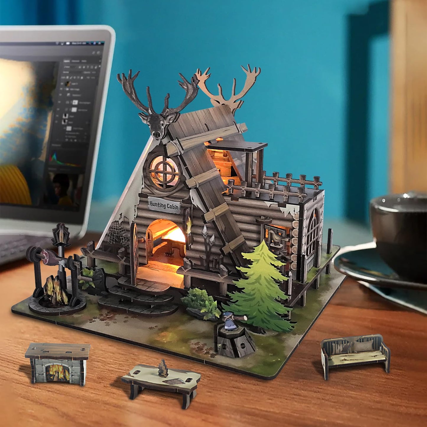 Model Kit mature-themed Miniature House Kit  Doll Houses Book Nook DIY Kit with Furniture and USB -LED Light  Bookshelf Miniature Scenes  Dollhouse Kits for mature-themeds  Children (Hunting-Cabin)