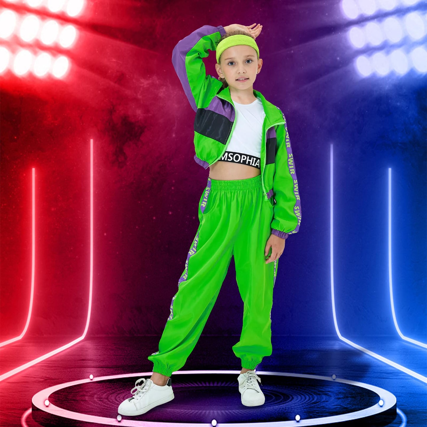 TIMSOPHIA Hip Hop Dance Costume for Girls, 5 Pcs 80s 90s Outfit for Kids, Modern Jazz Team Performance Tracksuit, 9-10 Years, Gr