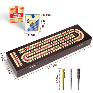 Cribbage Board Game Set, Premium Wooden Board With Magnetic Lock And Metal Pegs, 2 Playing Cards, And Large Storage - Travel-Fri