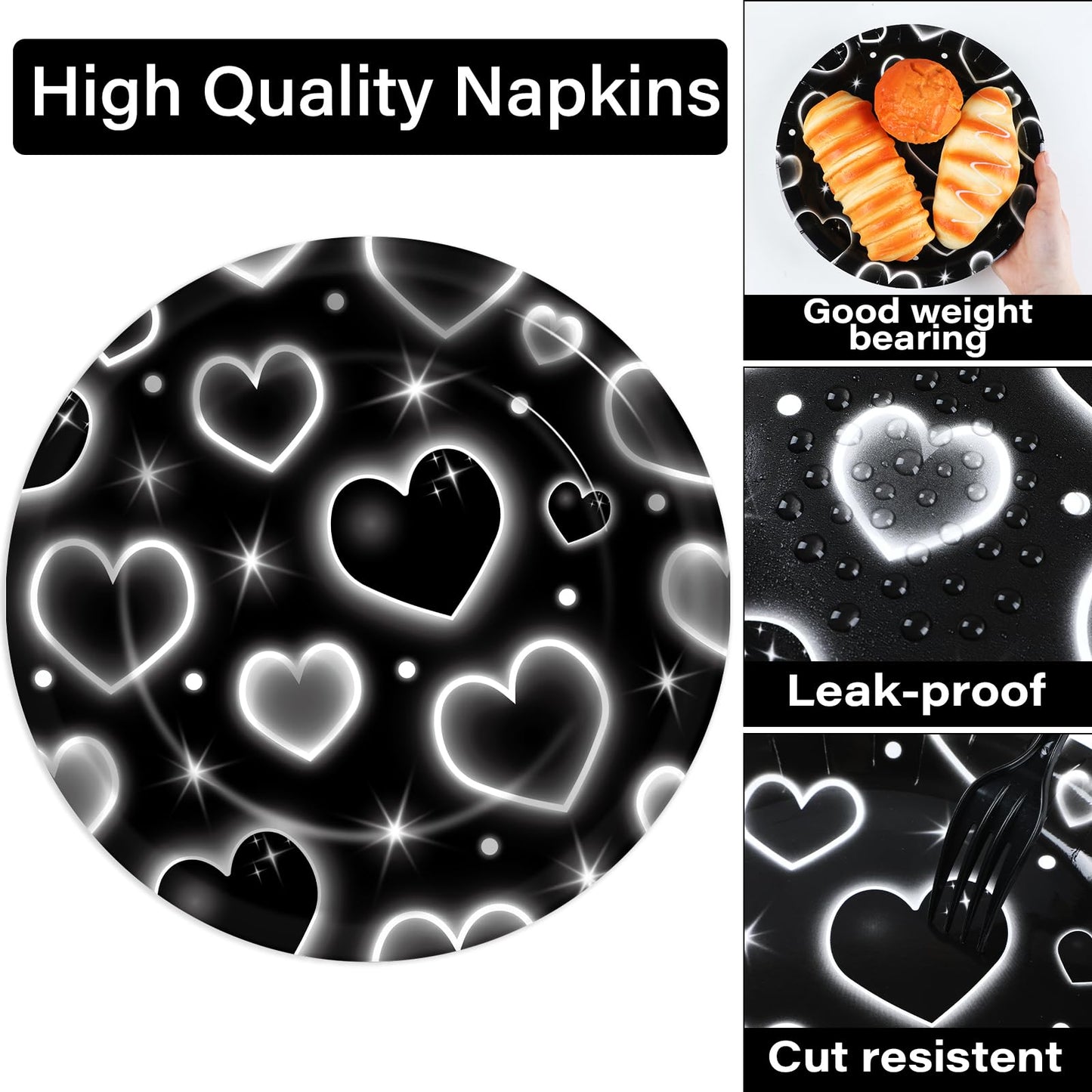 Qyeahkj 100 Pcs 2000S Party Plates Napkins Forks Set Black Heart Tableware Supplies Y2K Theme Birthday Party Decoration Early 20