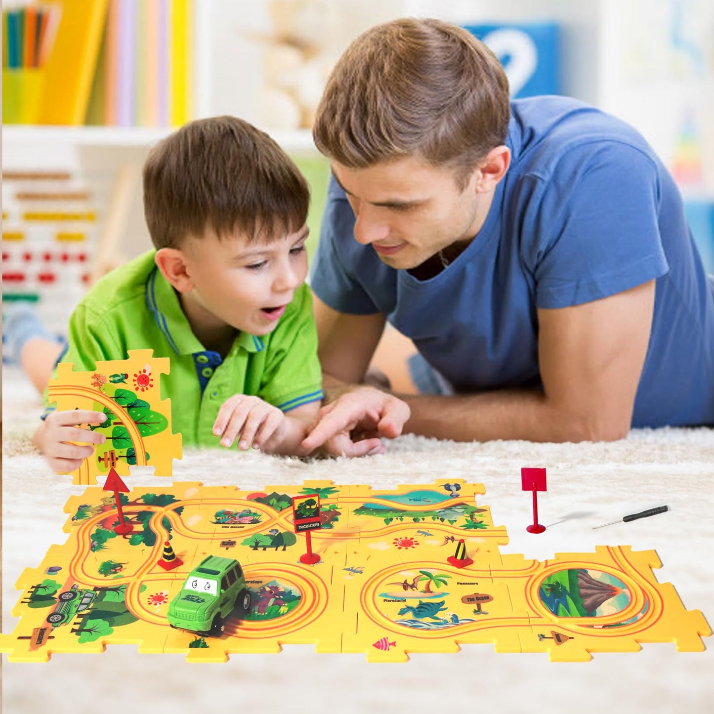 Xazastov Dinosaur Puzzle Track Car Play Set, Plastic Puzzles For Kids Ages 3-5 With Vehicles, Railcar Puzzle, Car Tracks For Tod