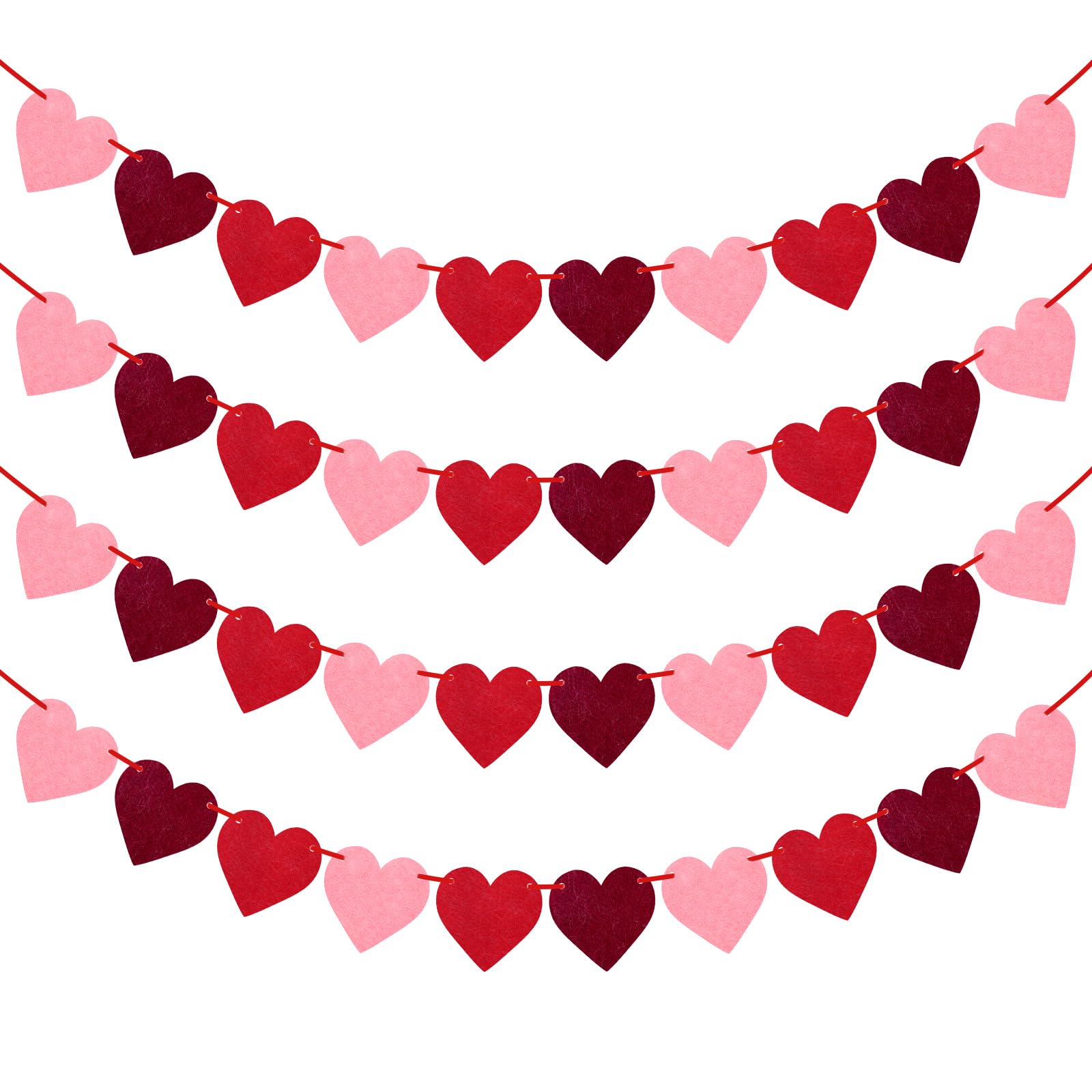 4 Pack Felt Heart Banner Valentines Day Garland, Red Pink Heart Banner, Heart Garland Hanging for Valentines Day Anniversary Wed