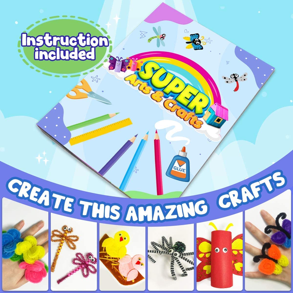 FUNZBO Arts and Crafts School Supplies for Kids -Kindergarten School Supplies Set with Glitter Glue Stick,Glue, Pipe Cleaners Cr