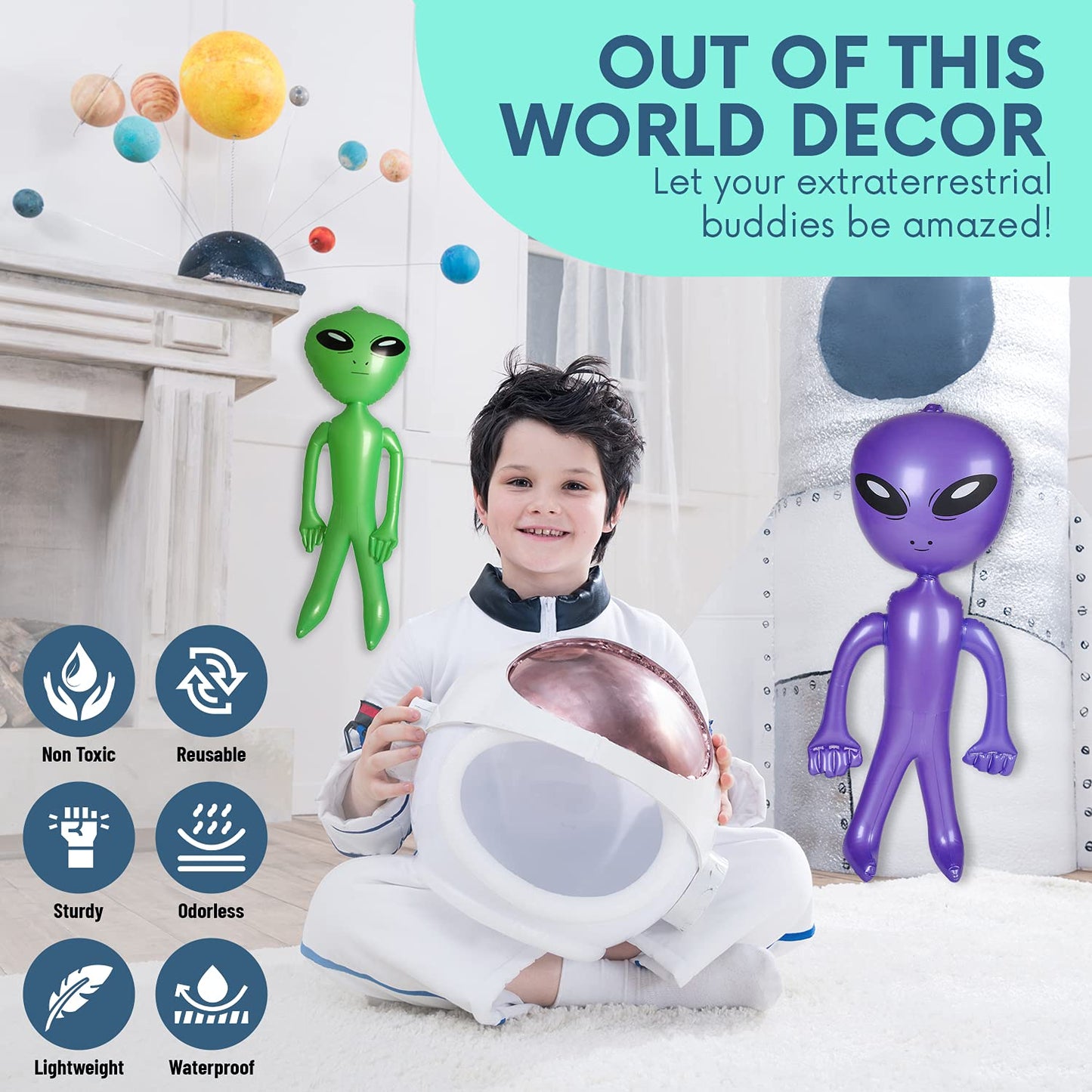 Vlish 3 Inflatable Alien - Pack of 3 Jumbo - Green, Purple and Blue Inflate Martian Aliens Toy for All Ages, Great for Halloween