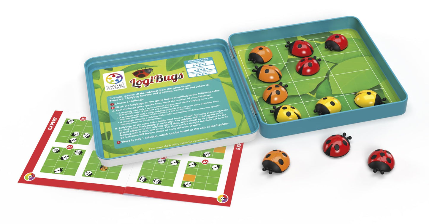 SmartGames LogiBugs Metal Box Magnetic Travel Game with 48 Challenges for Ages 6 - mature-themed