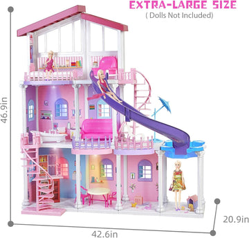 Bettina Large Plastic Dollhouse, 4 Ft Tall Dreaming Doll House With 15+ Furnitures & Accessories, 3-Story Playhouse Dolls House