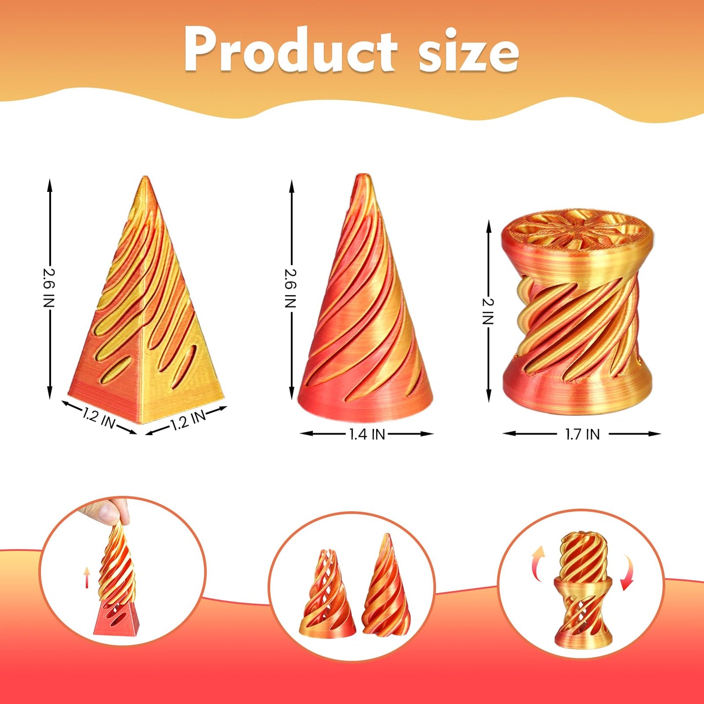 3 PCS Impossible Cone Spiral Cone Fidget Toy Impossible Pyramid Passthrough Sculpture 3D Printed Spiral Cone Fidget Toy Desktop Decompression Toys  Gifts Birthday (Flame Red)