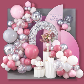 Partywoo 140 Pcs Dusty Pink Balloon Garland, Silver 4D Balloons, Dusty Rose Silver Gray Light Pink Pastel Peach Balloon Arch Kit, Pink And Silver Balloon For Birthday, Baby Shower, Wedding