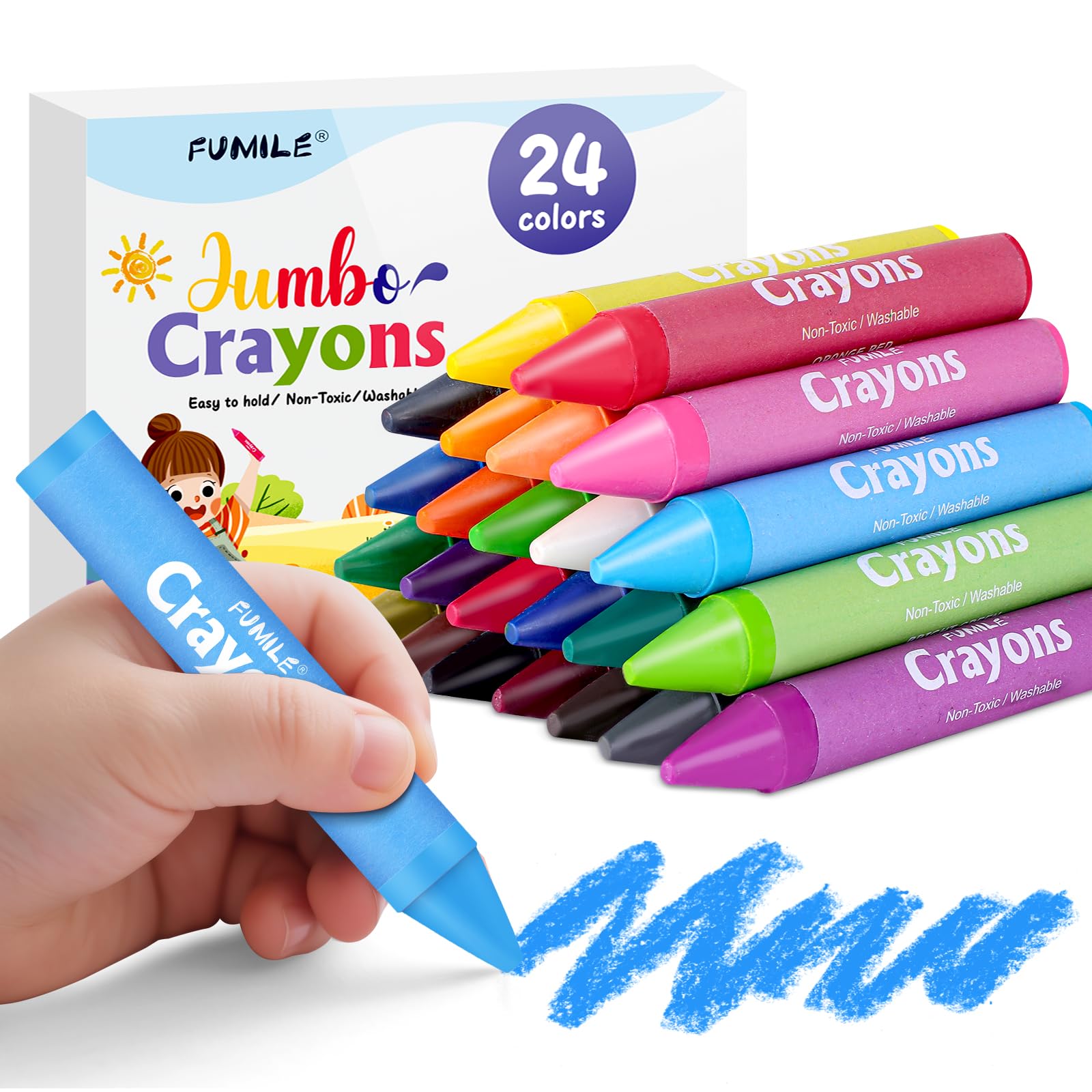 24 Colors Jumbo Crayons for Toddlers 1-3.Washable,Non-Toxic Crayon for Toddlers Ages 4-8.Easy to Hold and Unbreakable Big Toddle