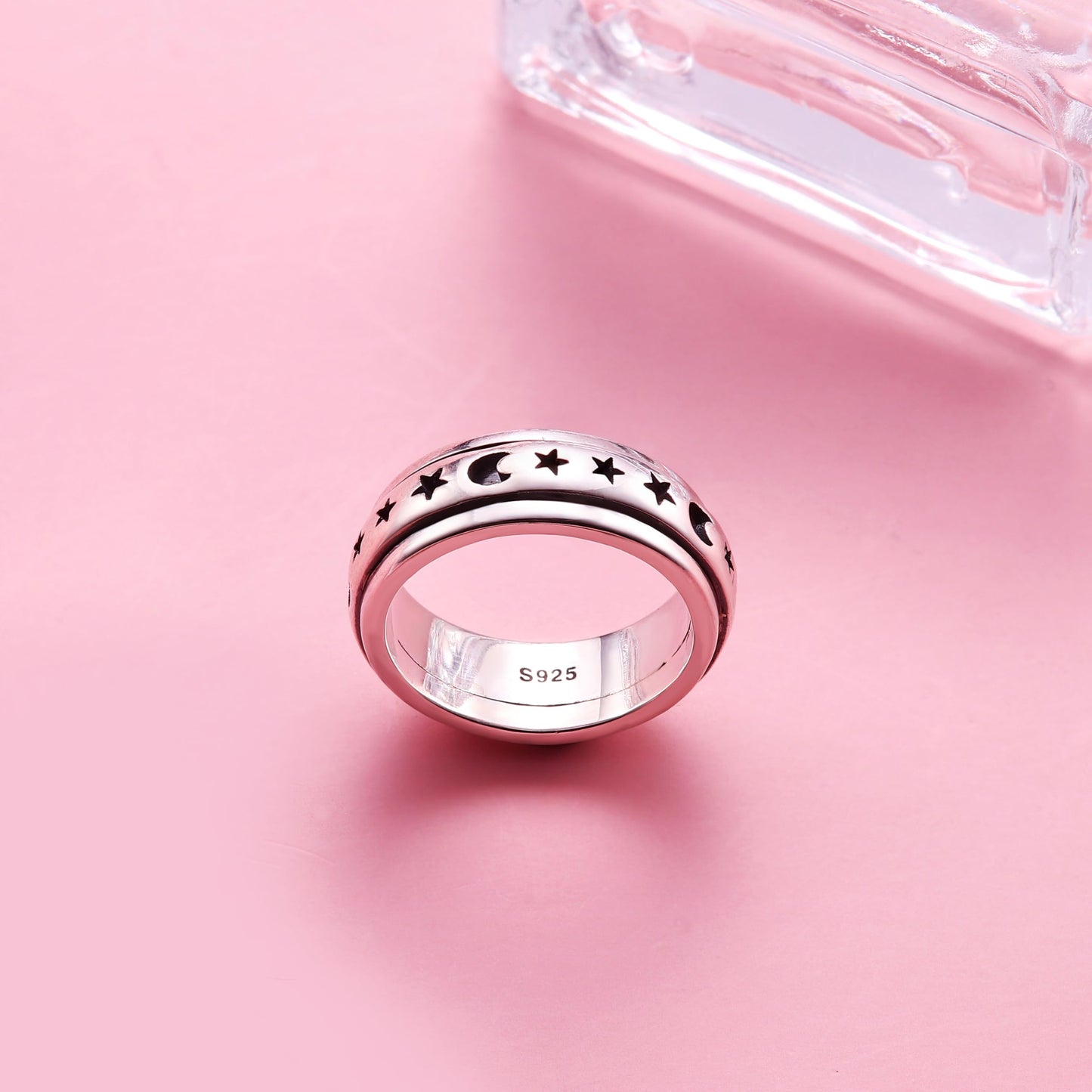 Milacolato 925 Sterling Silver Anxiety Ring For Women Men Platinum Plated Sterling Silver Band Fidget Ring Moon Star Spinner Rin