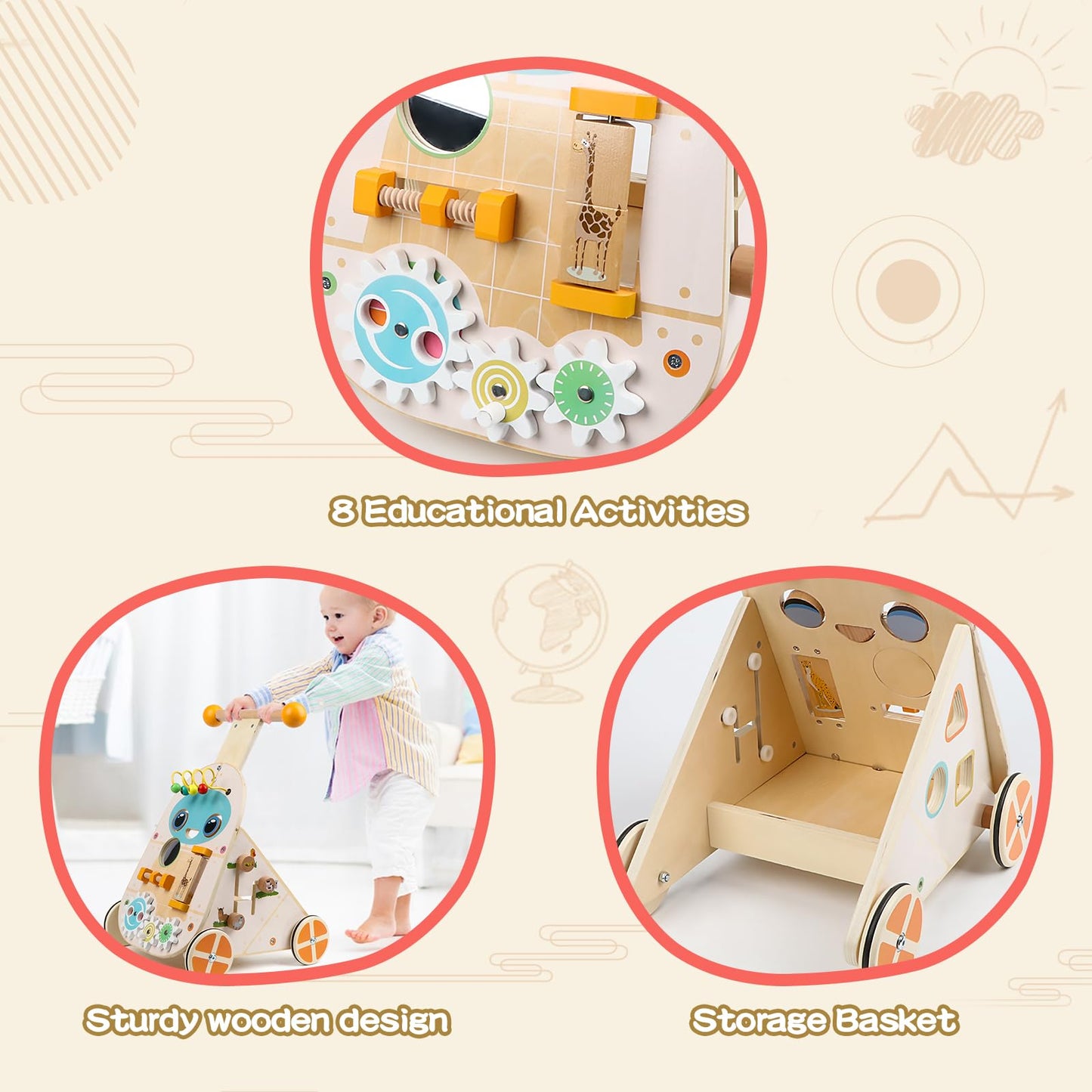 Canuan Wooden Baby Walker, Adjustable Speed Push And Pull Learning Activity Walker, Toddler Push Walker Activity Center Toys With 7 Educational Activities For Boys Girls 1 2 3 Year Old