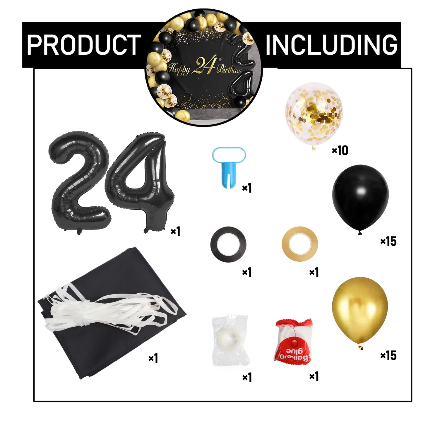 Happy 24Th Birthday Balloons Black Set Decor - Cheers To 24 Years Old Party Theme Garland Banner Backdrop Decorations For Women