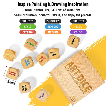 Garybank Inspiration Art Dice Gifts For Artists, W/Drawing Principles Cards - Color Wheel & Painting Knowledge, Art Supplies For Women, Set Of 9 Creativity Dice, Cool Artist Teacher Gifts