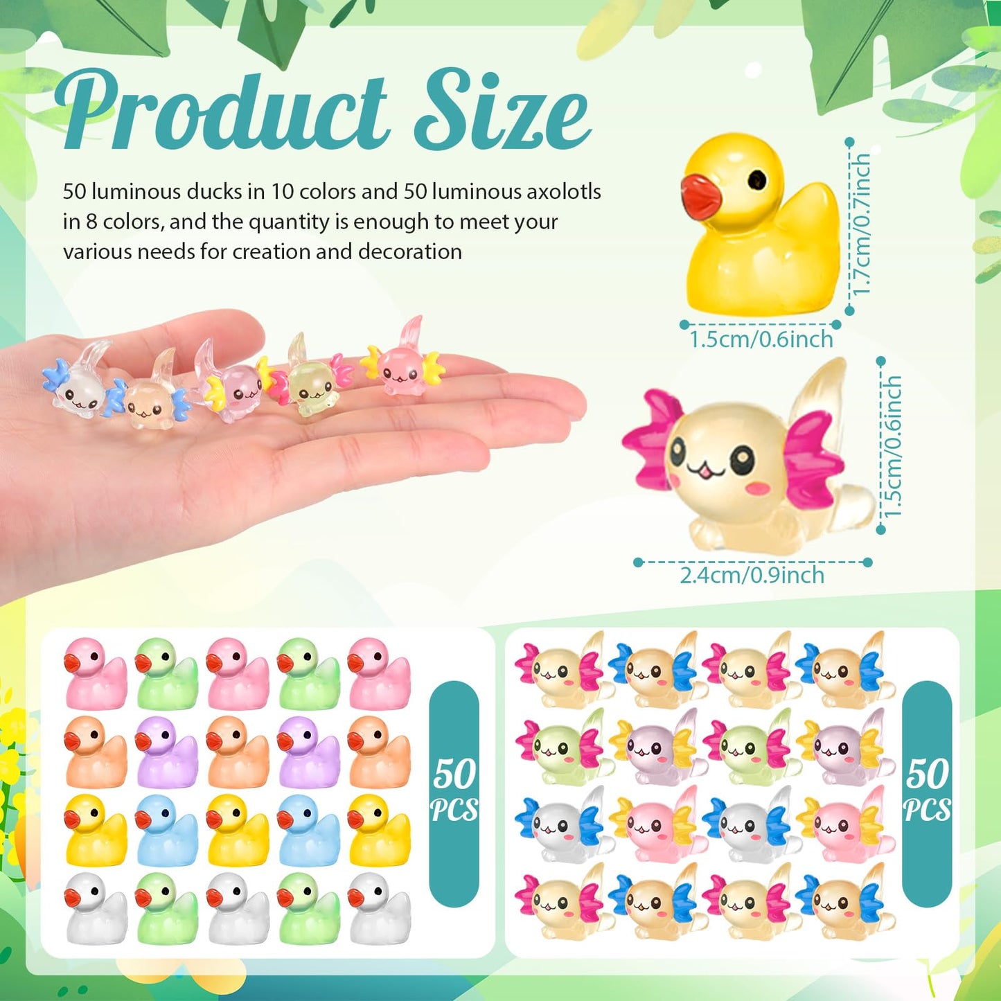 Barydat 100 Pcs Luminous Mini Resin Animals Bulk Glow In The Dark Resin Axolotls Tiny Ducks Miniature Figurines For Hide And See
