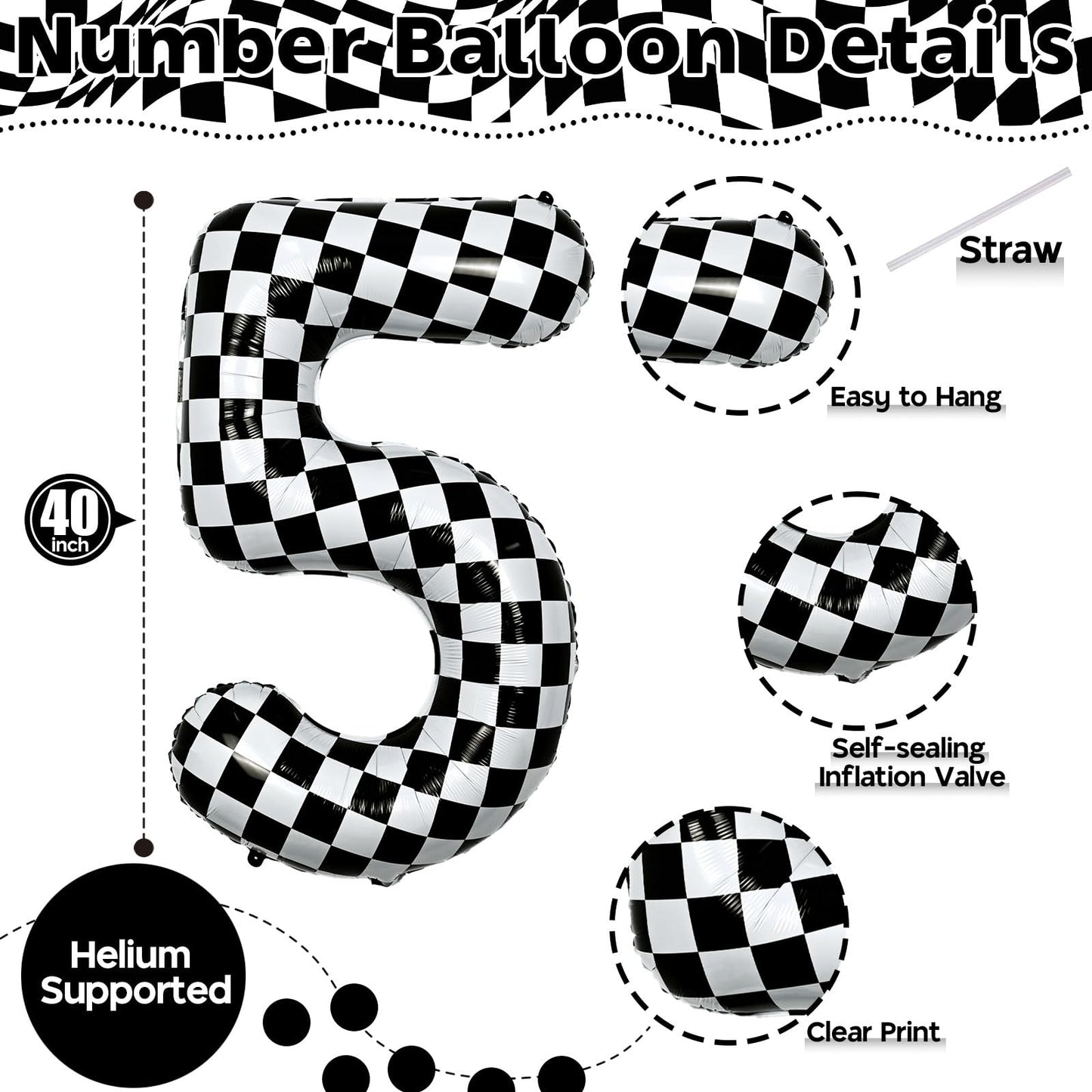 40 Inch Checkered 5 Number Balloons, Large Foil Self Inflating 5Th Birthday Racing Balloons Decor, Black And White Checkered 5 B