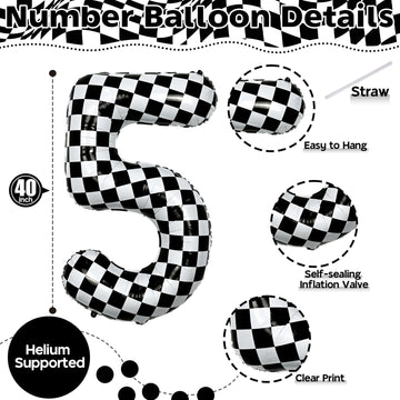 40 Inch Checkered 5 Number Balloons, Large Foil Self Inflating 5Th Birthday Racing Balloons Decor, Black And White Checkered 5 B