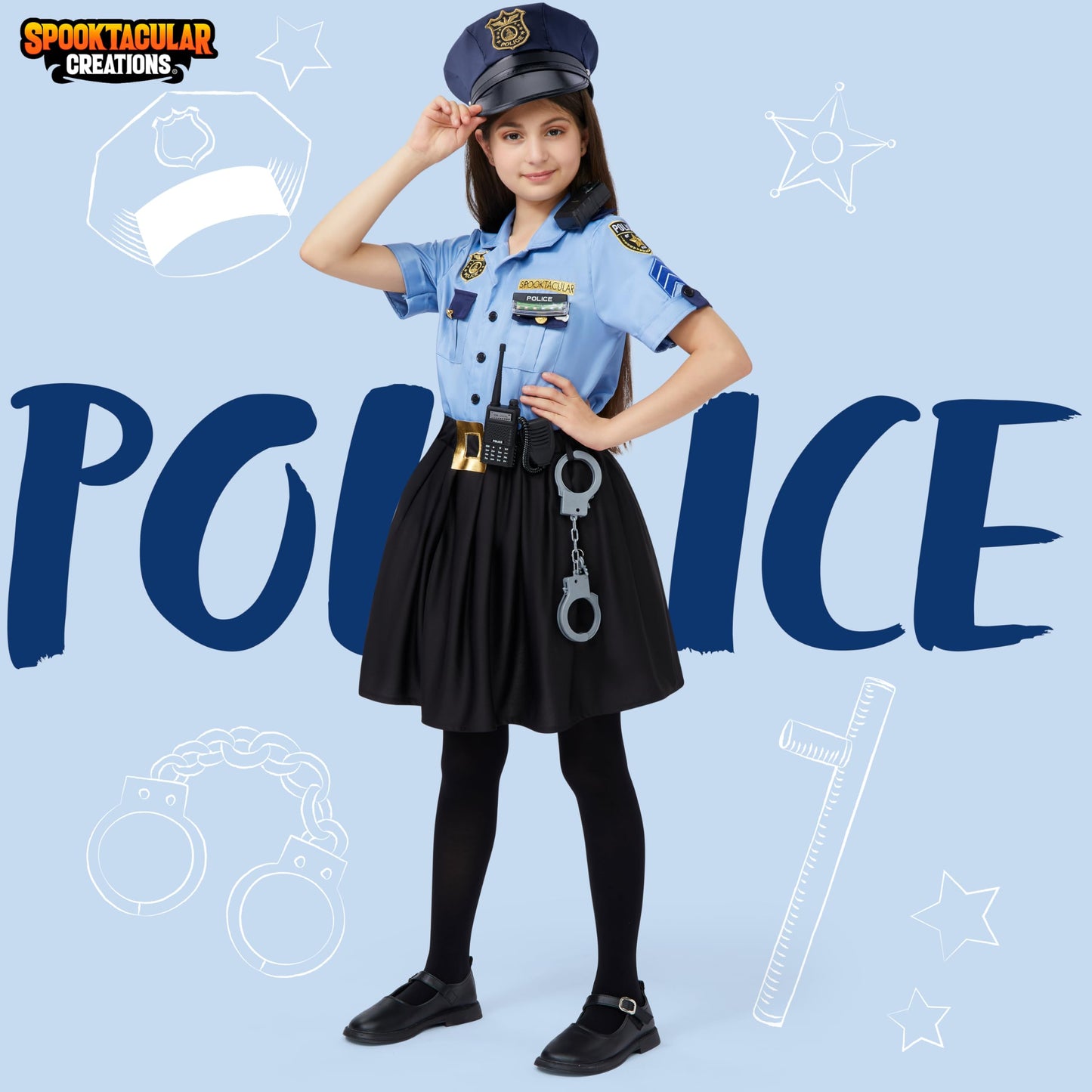 Spooktacular Creations 13 PCS Girls Police Officer Costume  Cop Costume Accessories for Kids Halloween Role-Playing and Dress-Up -M