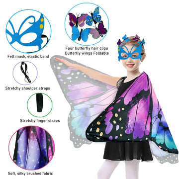 Kids Butterfly Wings Costume Girls Fairy-Wings Toddler Dress Up Play Costumes Butterfly Hair Clip Mask Party Favors (Purple Gree