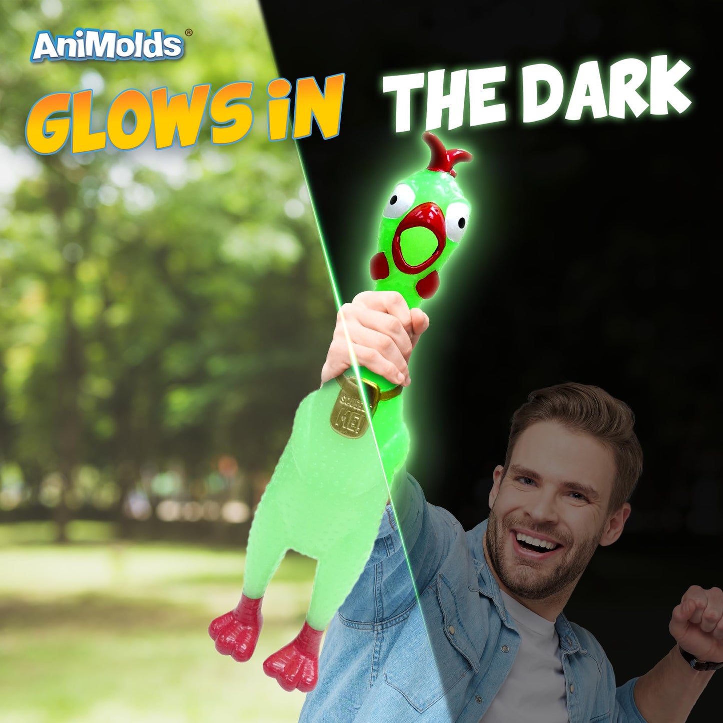 Animolds Tie-Dye Squeeze Me Rubber Chicken Toy | Screaming Rubber Chickens For Kids | Novelty Squeaky Toy Chicken (2 Pack Glow In The Dark)