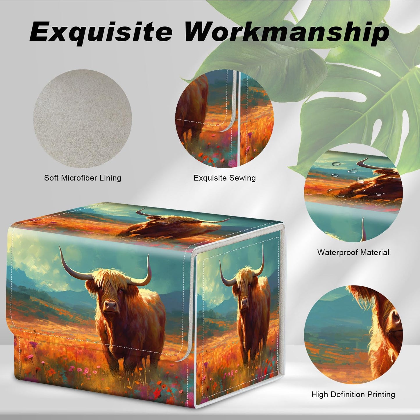Card Game Storage Box TCG Deck Box MTG Card Box Organizer Trading Card Case Commander Deck Box TCG Card Storage Box Magnetic Closure Creative Pattern Up to 200 Cards  A Highland Cow With Flowers