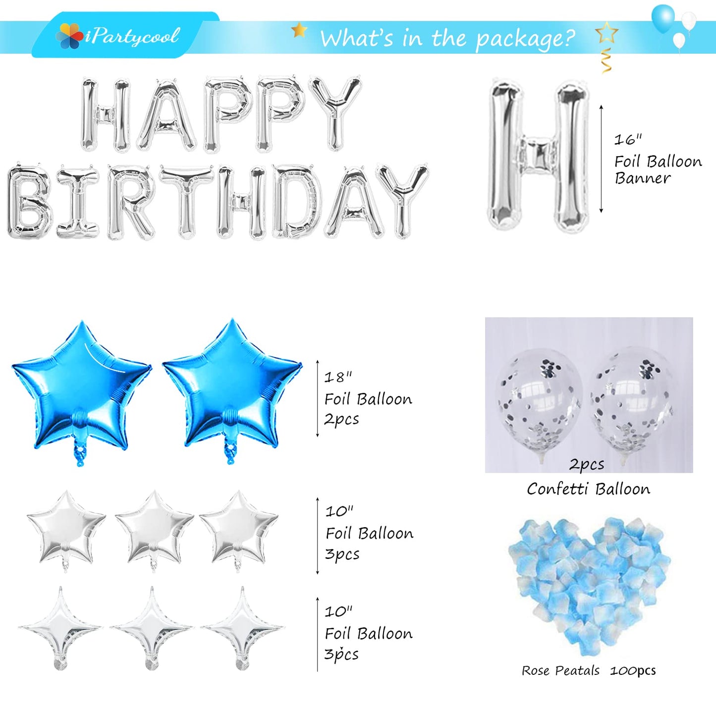 iPartycool 50Pcs Birthday Balloon Decoration Set, 10" Latex & Foil, Ecofriendly Star Kit, Model HB2S