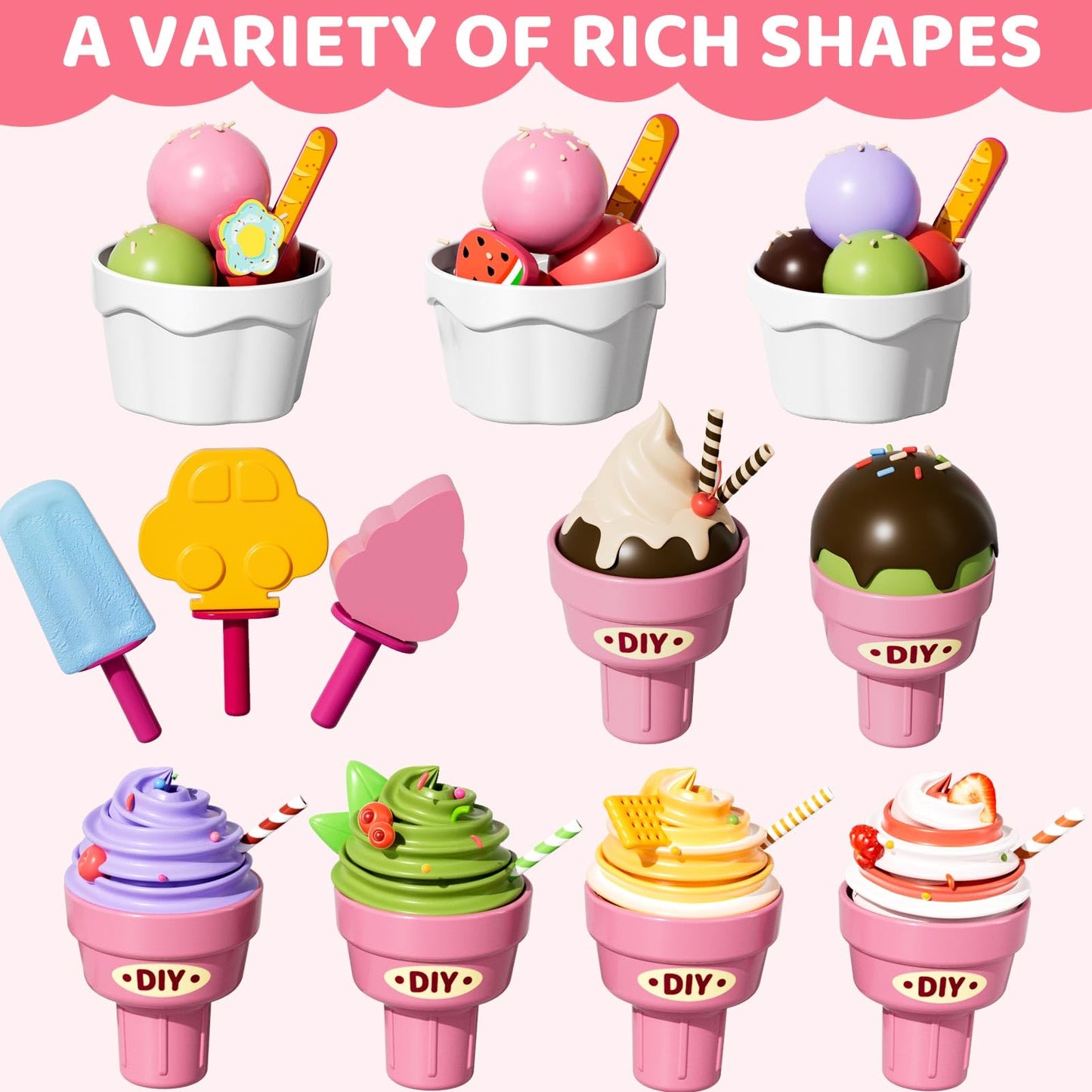 Beby Buty Ice Cream Toys Air Dry Clay Kit for Kids, 80 PCS Ice Cream Shop Set Food Toys for Kids Girls 3 4 5 6 Years Old, Preten
