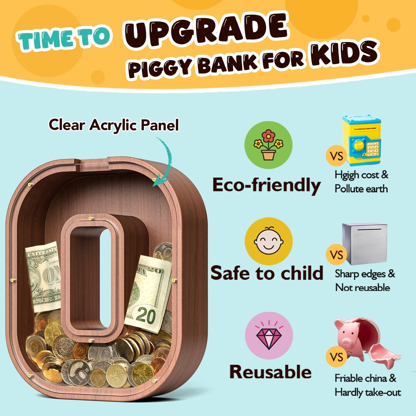 Summidate Wooden Letter Piggy Bank  Extra Thick Large Capacity Piggy Bank for Kids Boys Girls Toddler  Alphabet O Money Bank| Coin Box Birthday  Christmas  Festival