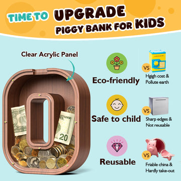 Summidate Wooden Letter Piggy Bank  Extra Thick Large Capacity Piggy Bank for Kids Boys Girls Toddler  Alphabet O Money Bank| Coin Box Birthday  Christmas  Festival