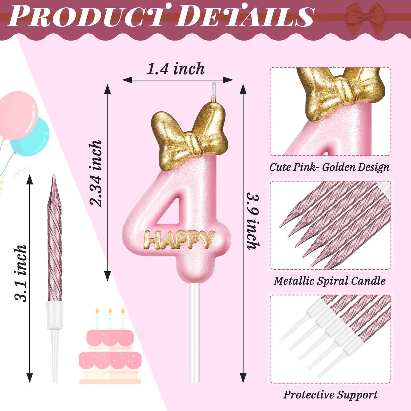 BBTO Number 4 Birthday Candle Pink Birthday Candle Girl with 10 Pieces Pink Candles Long Thin Cupcake Candles in Holders for Cak