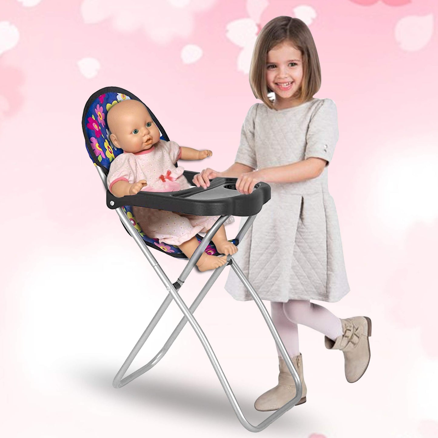 Fash N Kolor - Baby Doll High Chair With Tray, Fits Up To 18 Inch Baby Dolls, Flower Print Toddler Furniture Toy High Chair For Dolls Toys Easy To Fold For Compact Storage