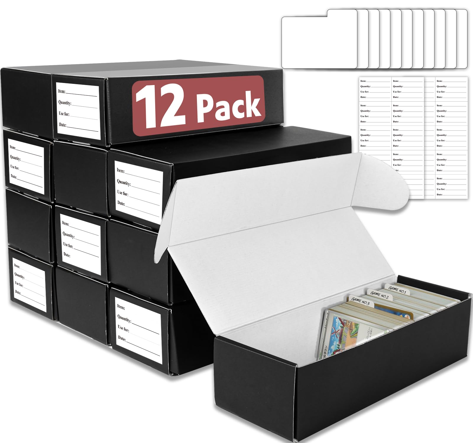 Azen 12 Pack Trading Card Storage Box, Hold 11000+ Standard Trading Cards, Cardboard Storage Box With 20 Dividers And 12 Labels