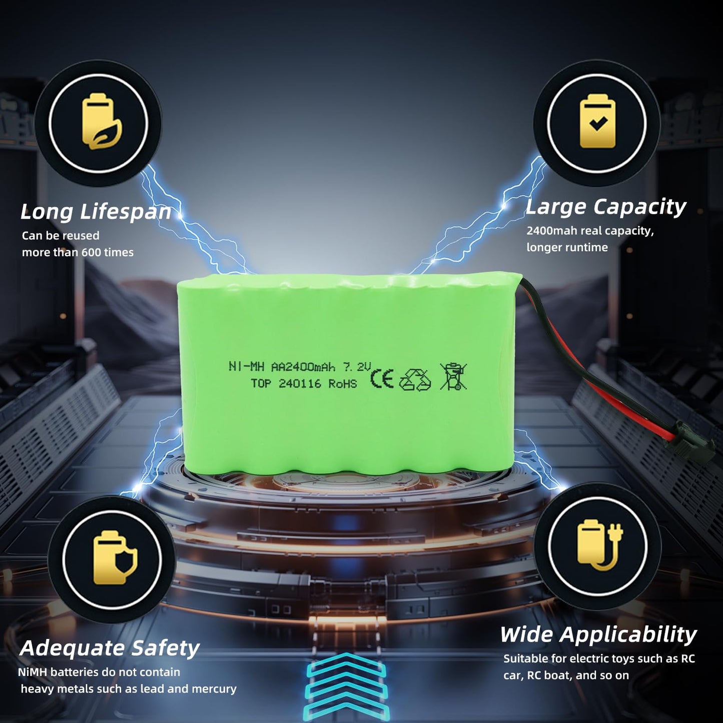 Tosiicop 7.2V 2400Mah Nimh Battery - Rc Car Rechargeable Battery Aa With Sm-2P 2 Pin Plug And Usb Charge Cable For Rc Truck Car